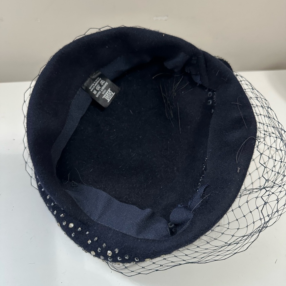Diva blue Rabbit Hair pillbox hat with a net veil and rhinestone embellishment - Picture 9 of 12